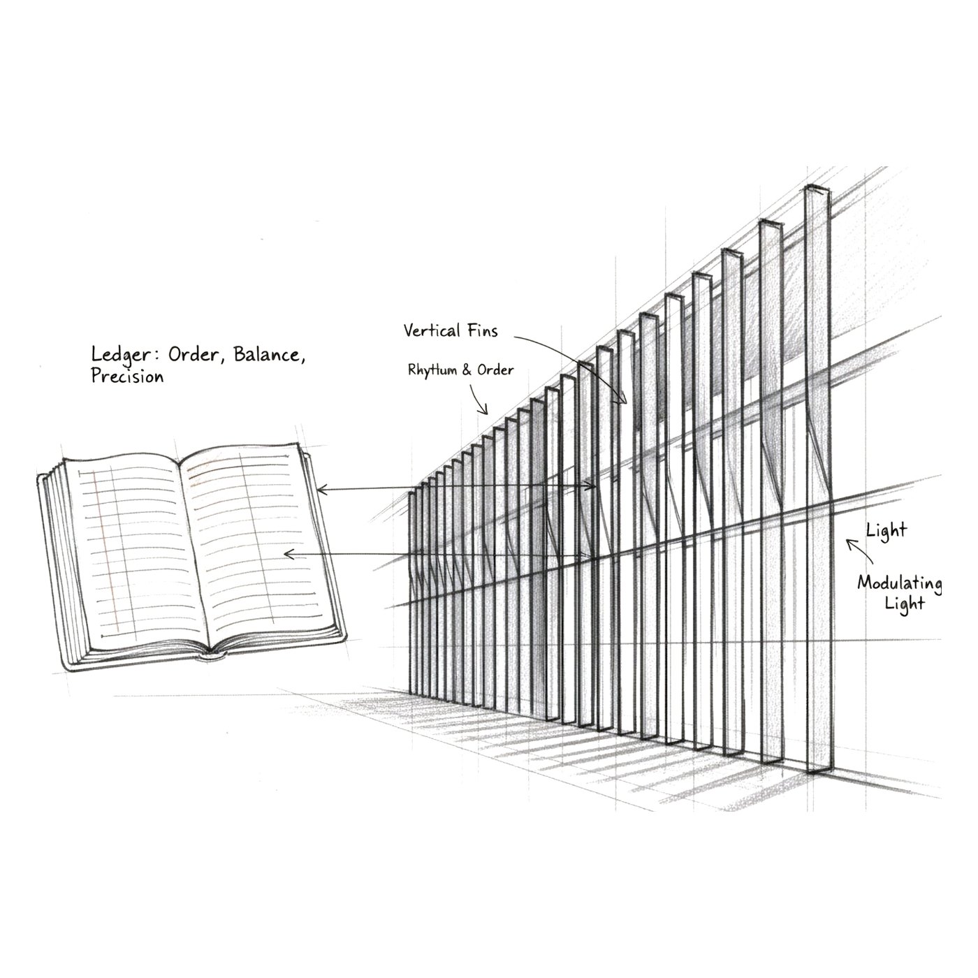 Perspective sketch of an open ledger whose ruled lines are carried across into a row of vertical façade fins