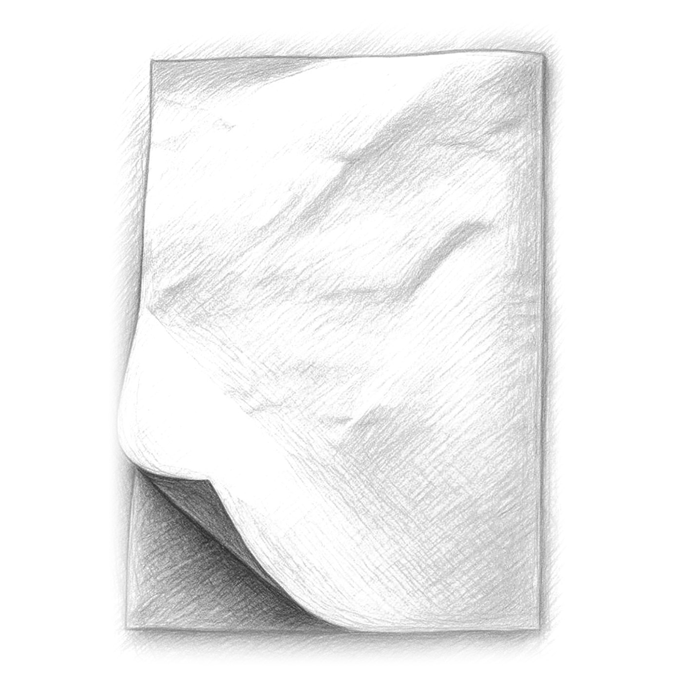 Pencil drawing of a sheet of paper peeling open at one corner