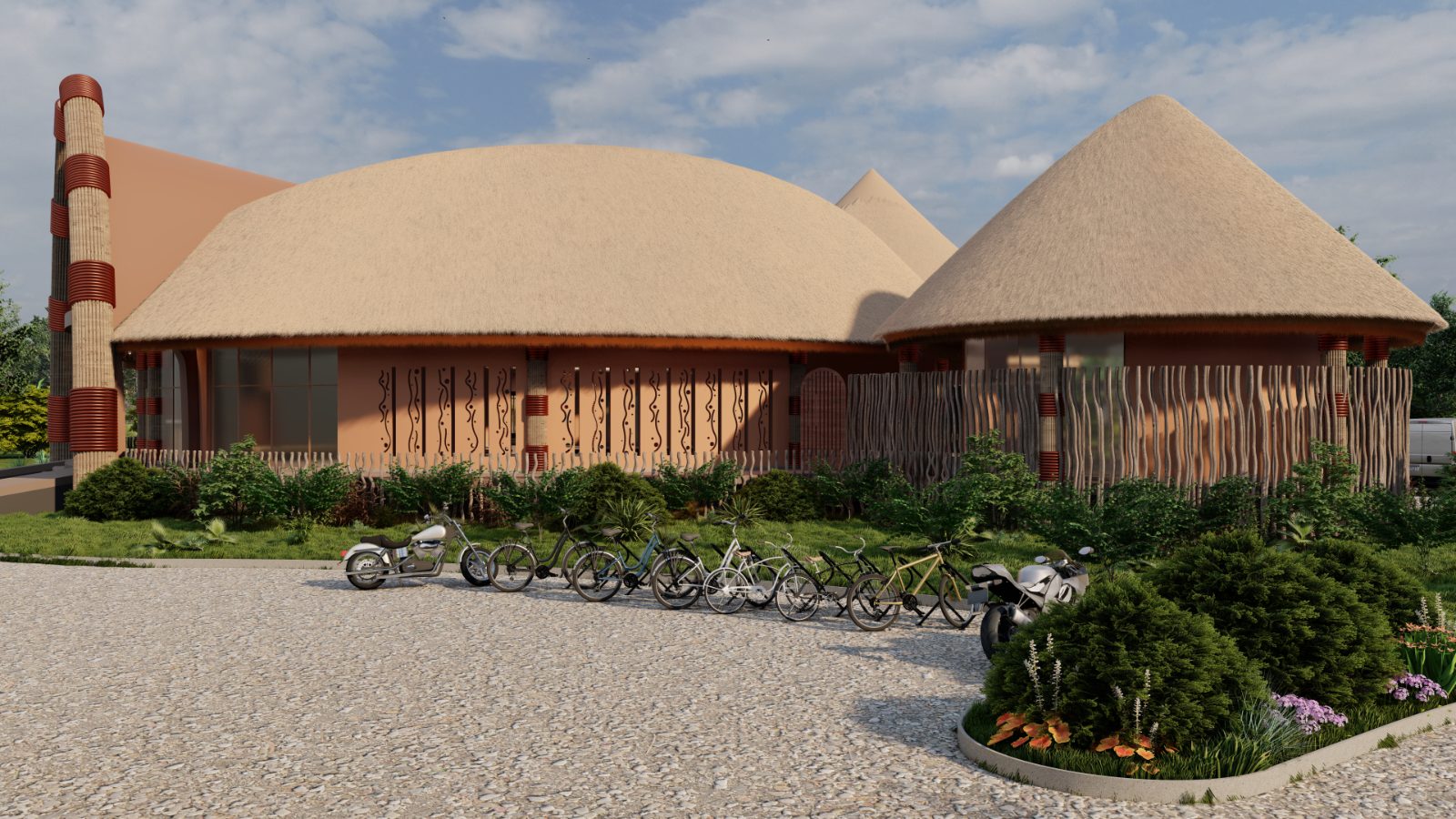 Inkaya Arts Studio: design render of thatched brick workshops