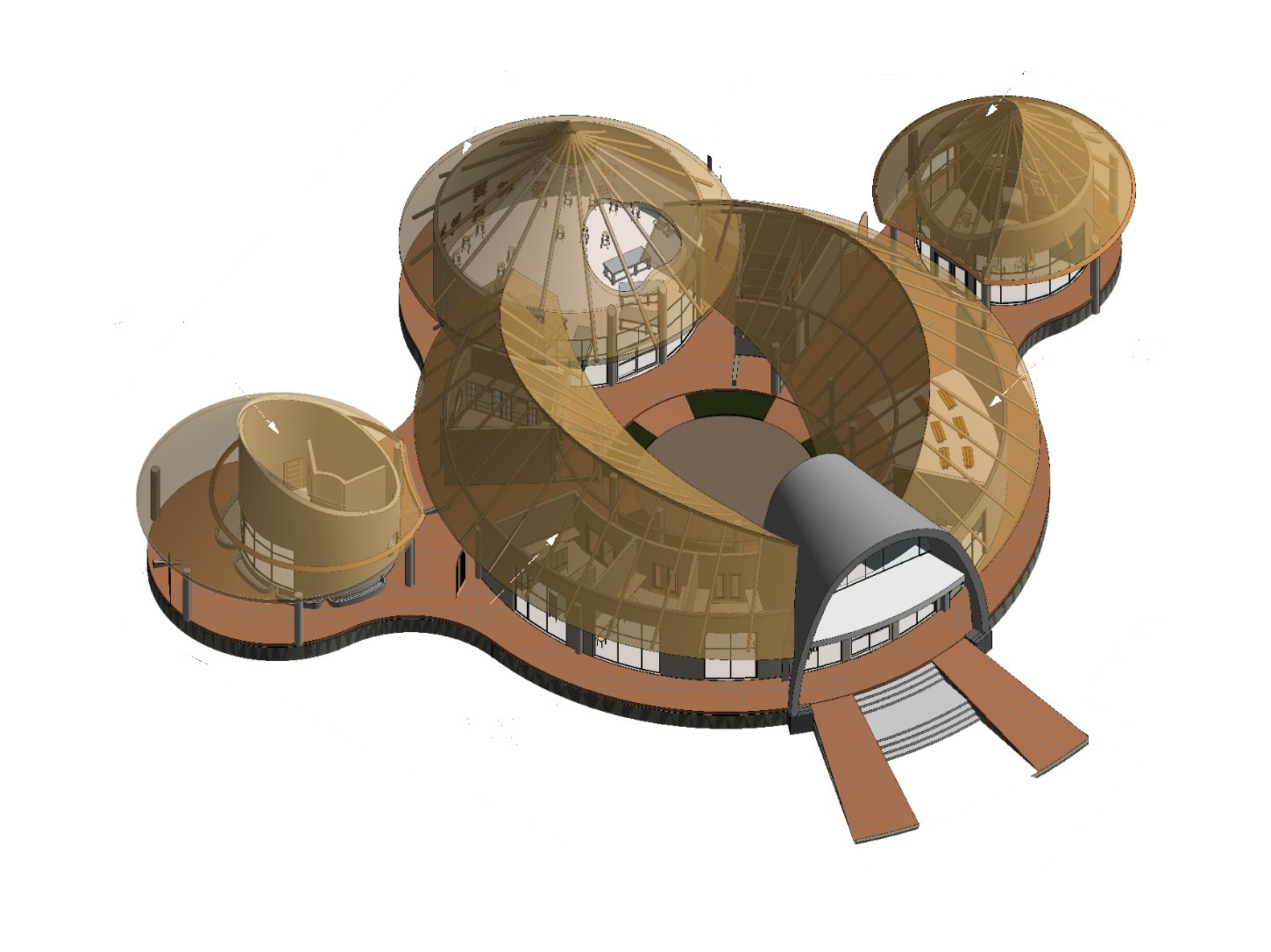 Cutaway axonometric showing the workshops, hive, kitchen and dye bath room arranged around a central court
