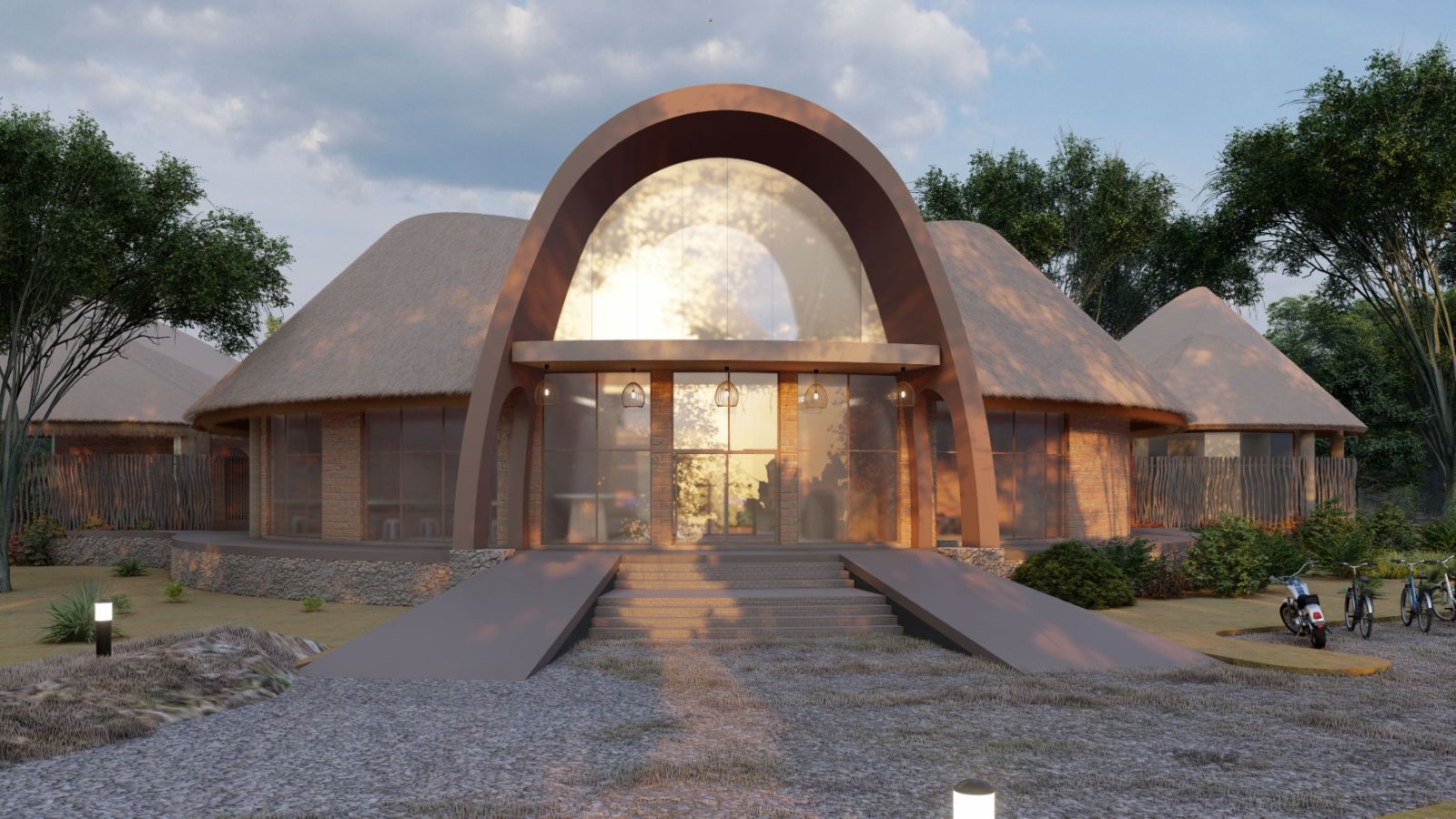 Inkaya Arts Studio, arched glazed entrance at dusk