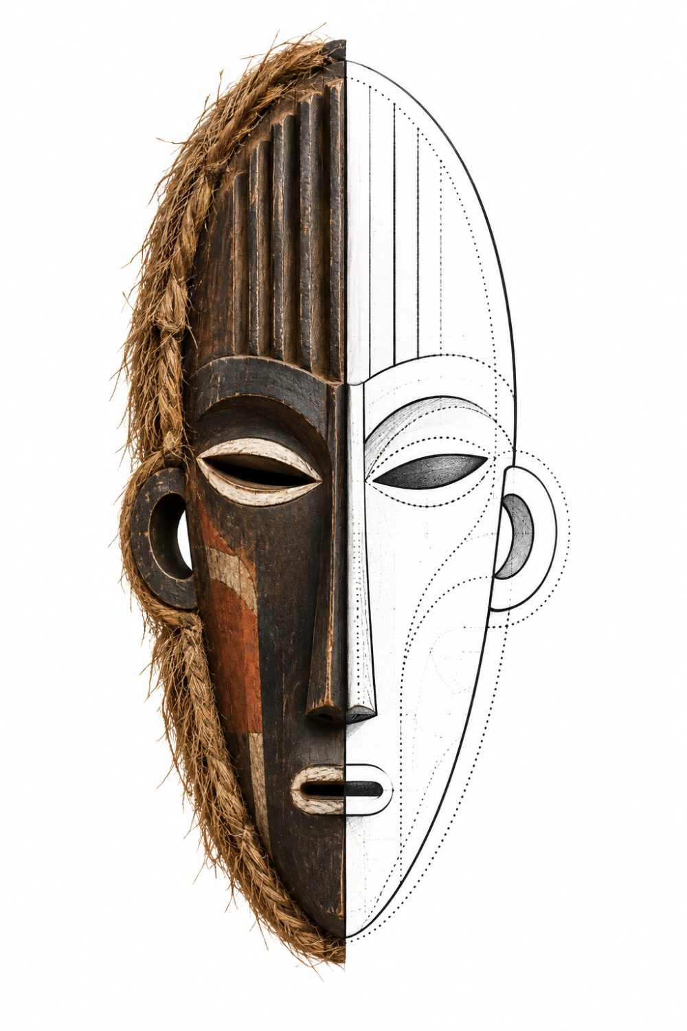 Study of a Chadzunda mask: the left half carved dark wood with fibre framing, furrowed brow, narrow nose and circular ear; the right half redrawn in line