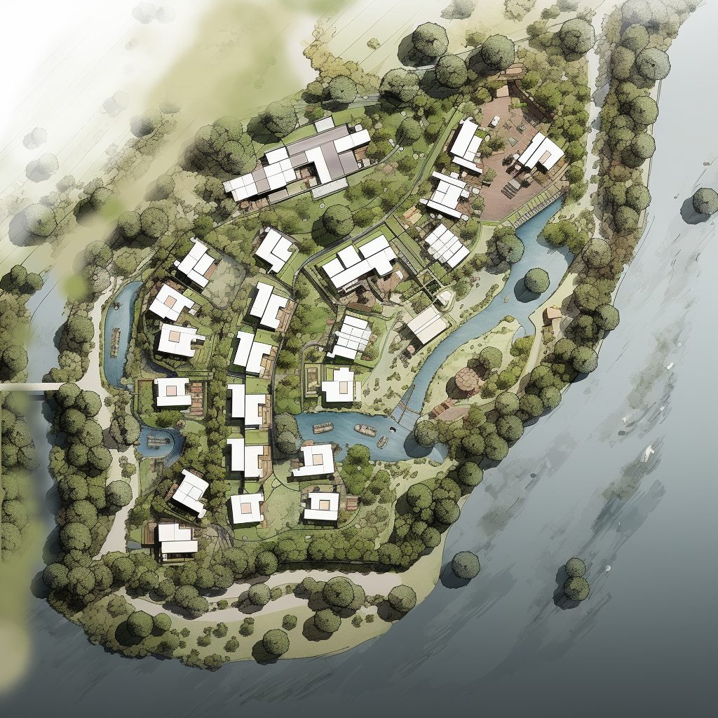 Concept masterplan: suites and chalets set among trees on the higher ground, a water channel leading to the central gathering landscape, and the principal pavilion beside the dam