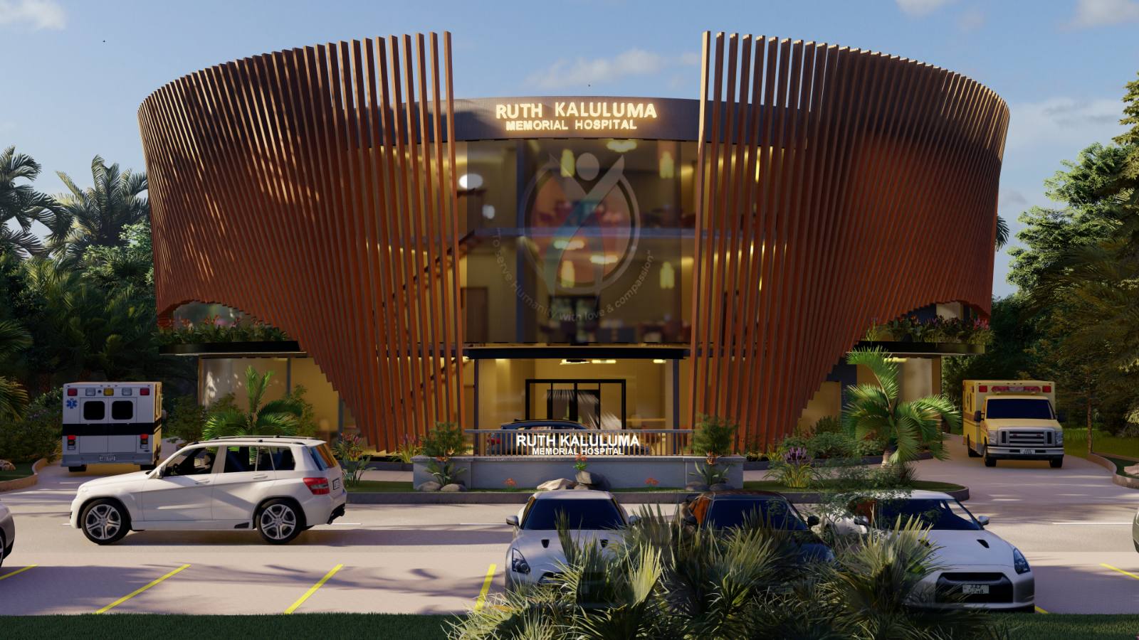 Ruth Kaluluma Memorial Hospital: design render of the entrance