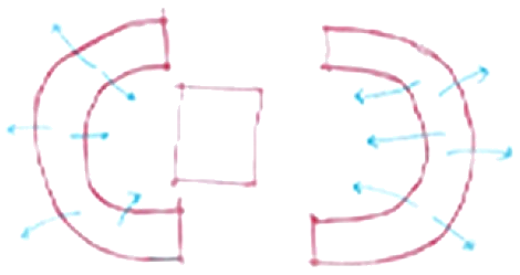 Hand sketch of two curved blocks separated to create privacy and shared space