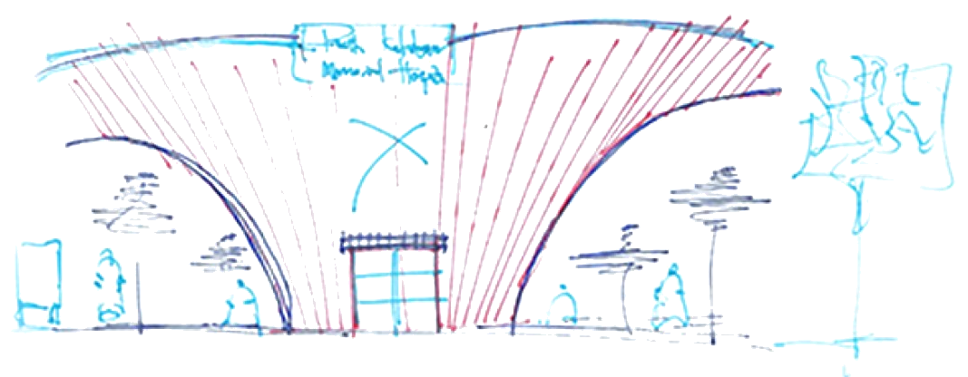 Hand sketch of the entrance elevation, vertical fins fanning across the curved facade