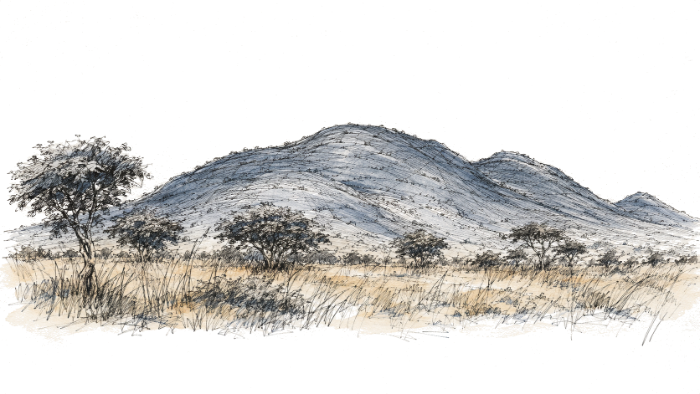 Ink and wash drawing of three low granite peaks rising above savannah grass and scattered trees