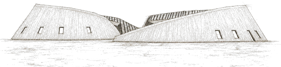 Elevation drawing of two thatched volumes, their rooflines rising and parting over a glazed courtyard between them